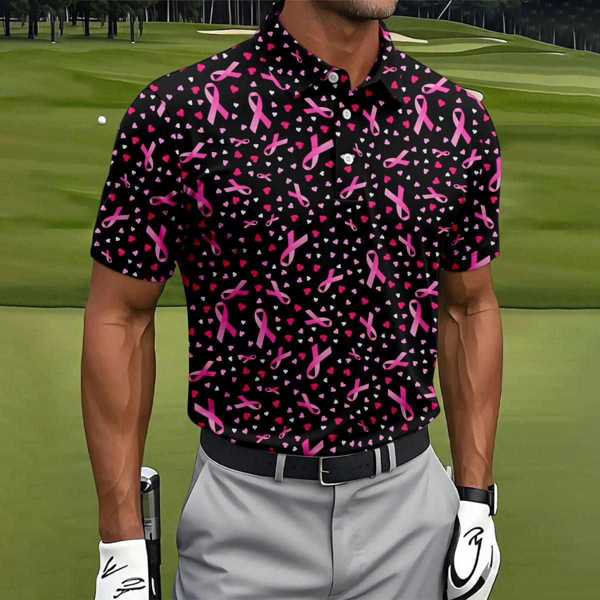 Black Pink Ribbon Heart Breast Cancer Polo Shirt, Golf Shirts For Men, Mens Golf Apparel