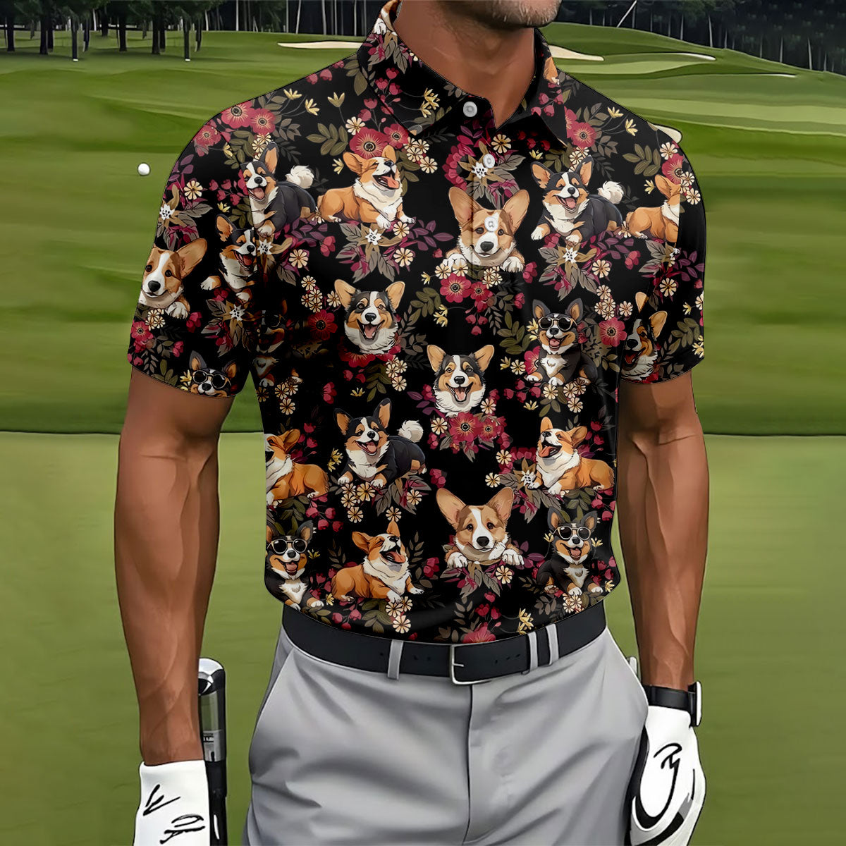 Cute Corgi Floral Hawaiian Pattern Polo Shirt, Mens Golf Polo, Funny Golf Shirt