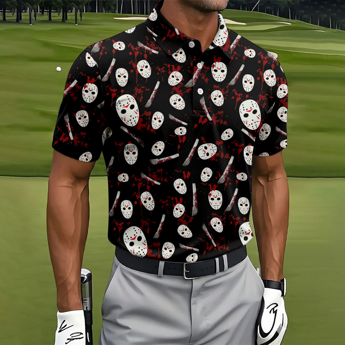 Hockey Mask Blood Pattern Halloween Golf Polo Shirt, Mens Golf Shirts, Printed Golf Shirts
