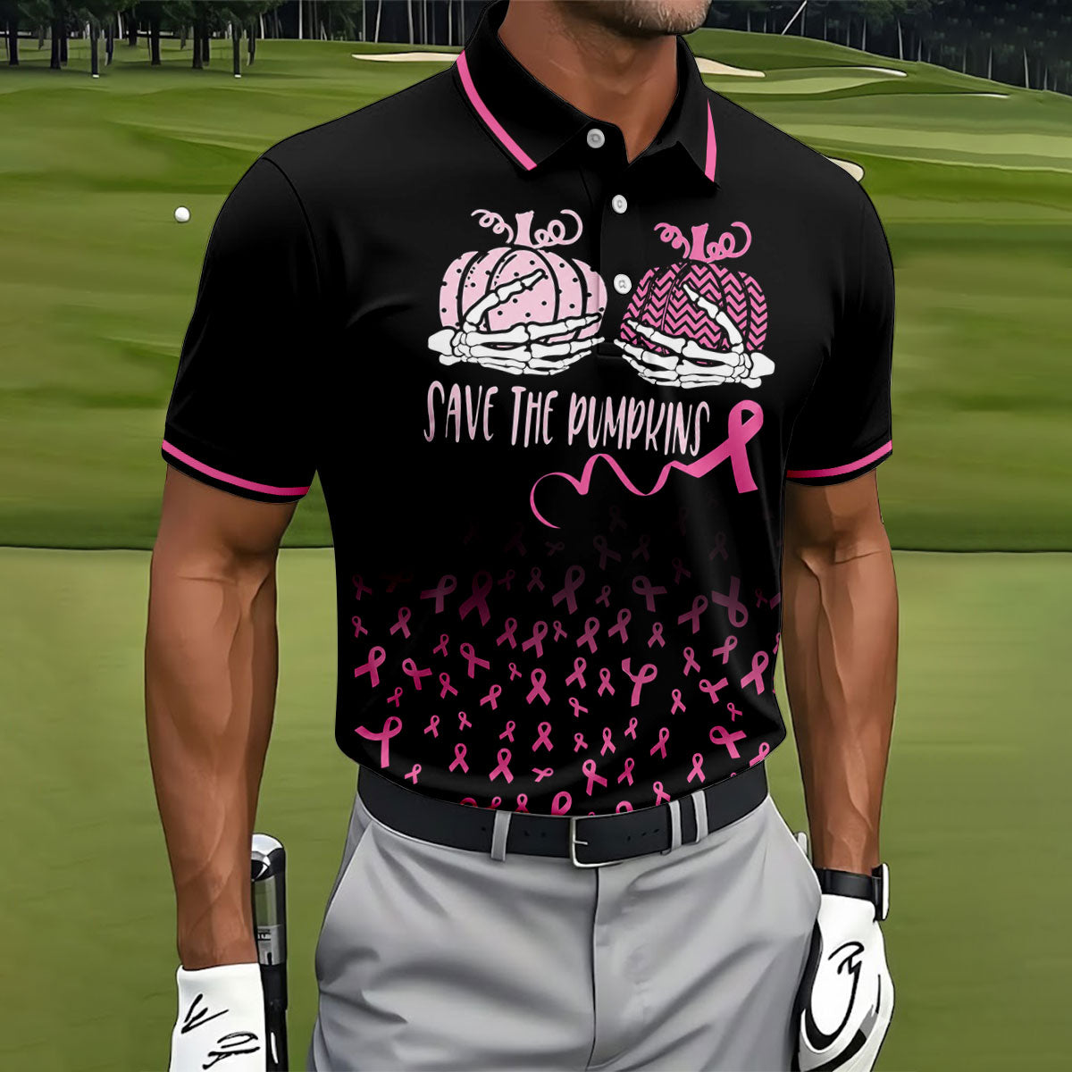 Save The Pumpkins Skeleton Breast Cancer Polo Shirt, Mens Golf Polo, Printed Golf Shirts