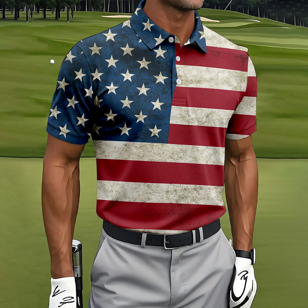 Distressed US Flag Golf Shirt, 250 Years Patriotic 4th Of July Golf Shirts For Men