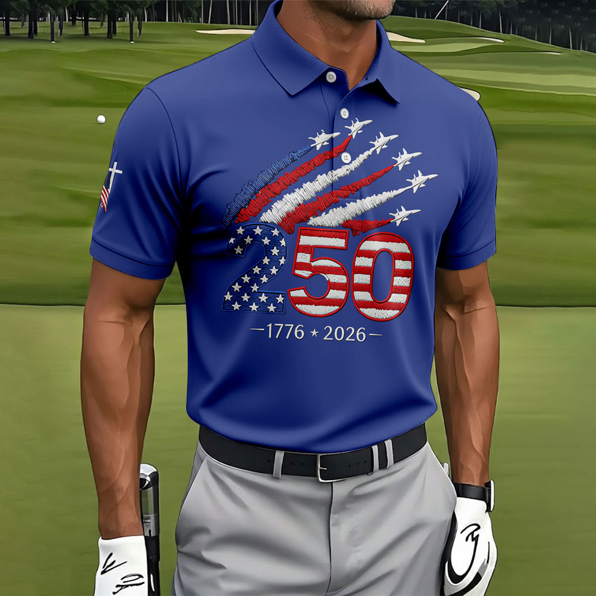Flying Fighter Jets Faith Cross Patriotic 4th Of July Blue Golf Shirt, 250 Years Golf Shirts For Men