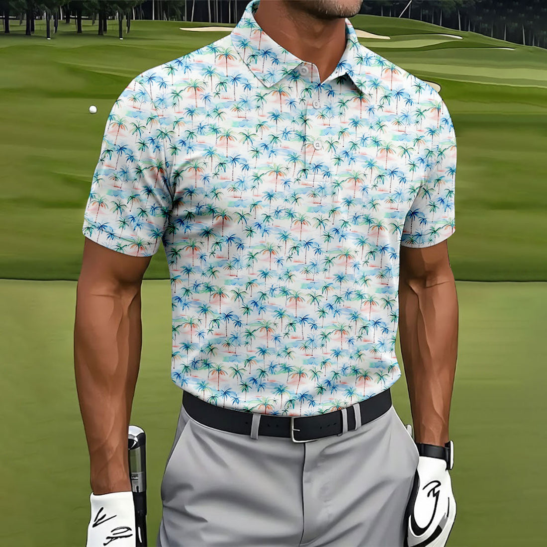 Watercolor Palm Tree Hawaiian Golf Shirt, Summer Vibe Men's Golf Shirt, Polo Shirts For Men