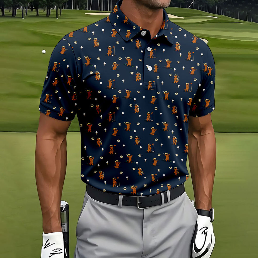 Cartoon Dachshund Golfer Pattern Golf Polo Shirt, Men's Golf Shirt, Golf Apparel For Men