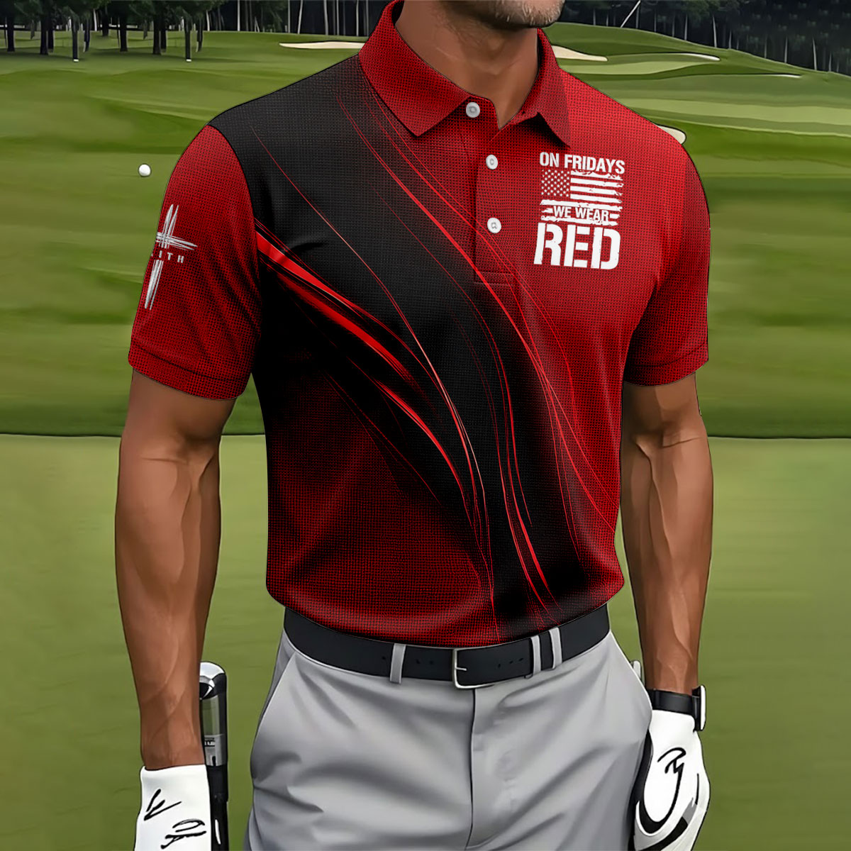 On Friday We Wear Red Faith Cross Red Black Gradient Patriotic Golf Shirt, 250 Years Polo Shirts For Men