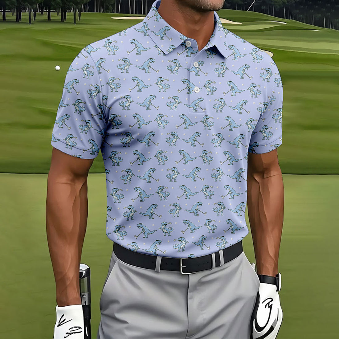 Blue T-Rex Dinosaur Golfer Pattern Golf Polo Shirt, Men's Golf Shirt, Mens Golf Polo