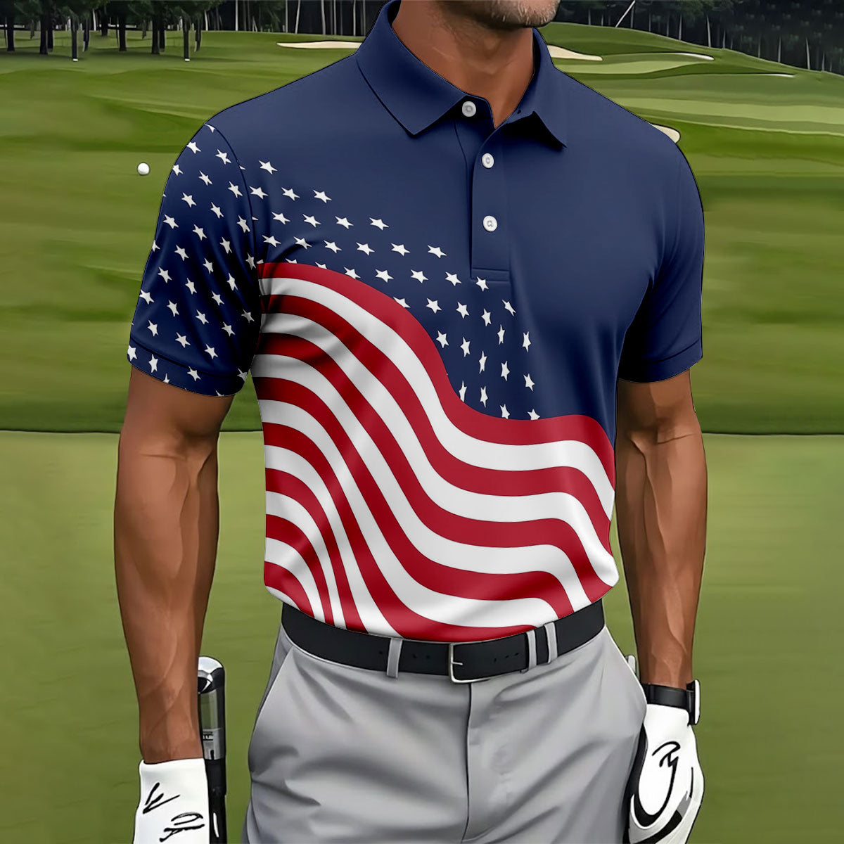 Red White Blue Wavy Stripes And Stars 4th Of July Patriotic Golf Shirt, 250 Years Golf Shirts For Men