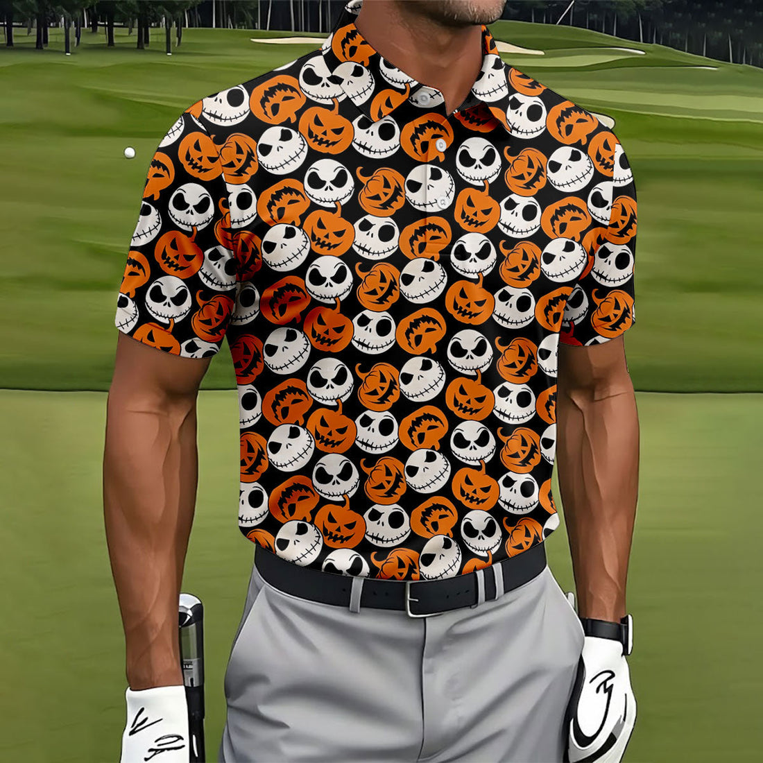 Halloween Skull Pumpkin Pattern Golf Polo Shirt, Men's Golf Shirt, Hawaiian Golf Shirt