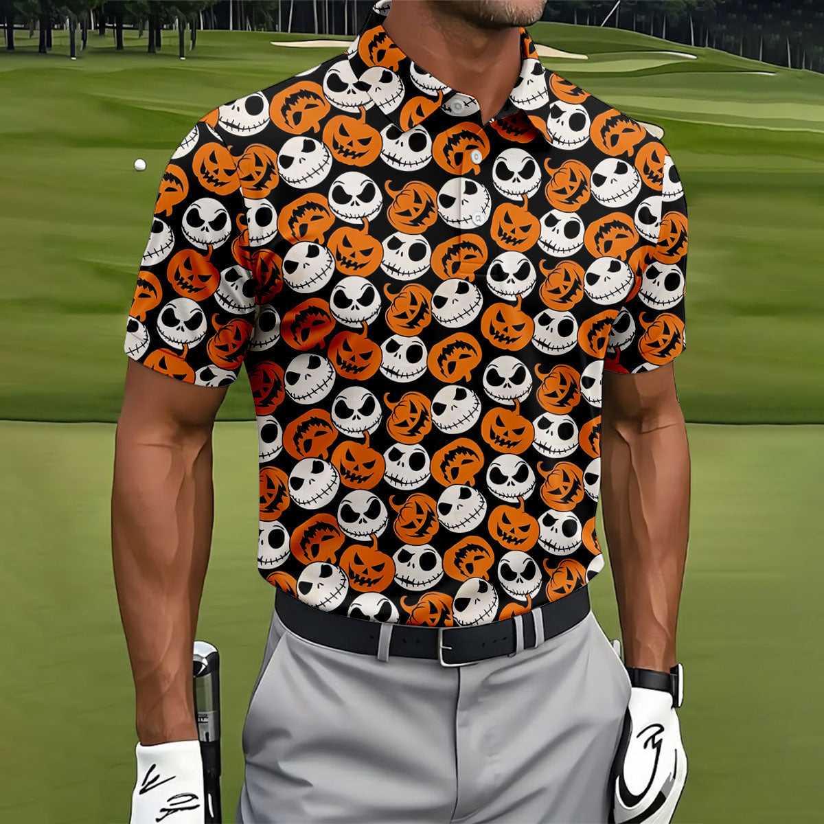 Halloween Skull Pumpkin Pattern Golf Polo Shirt, Men's Golf Shirt, Hawaiian Golf Shirt