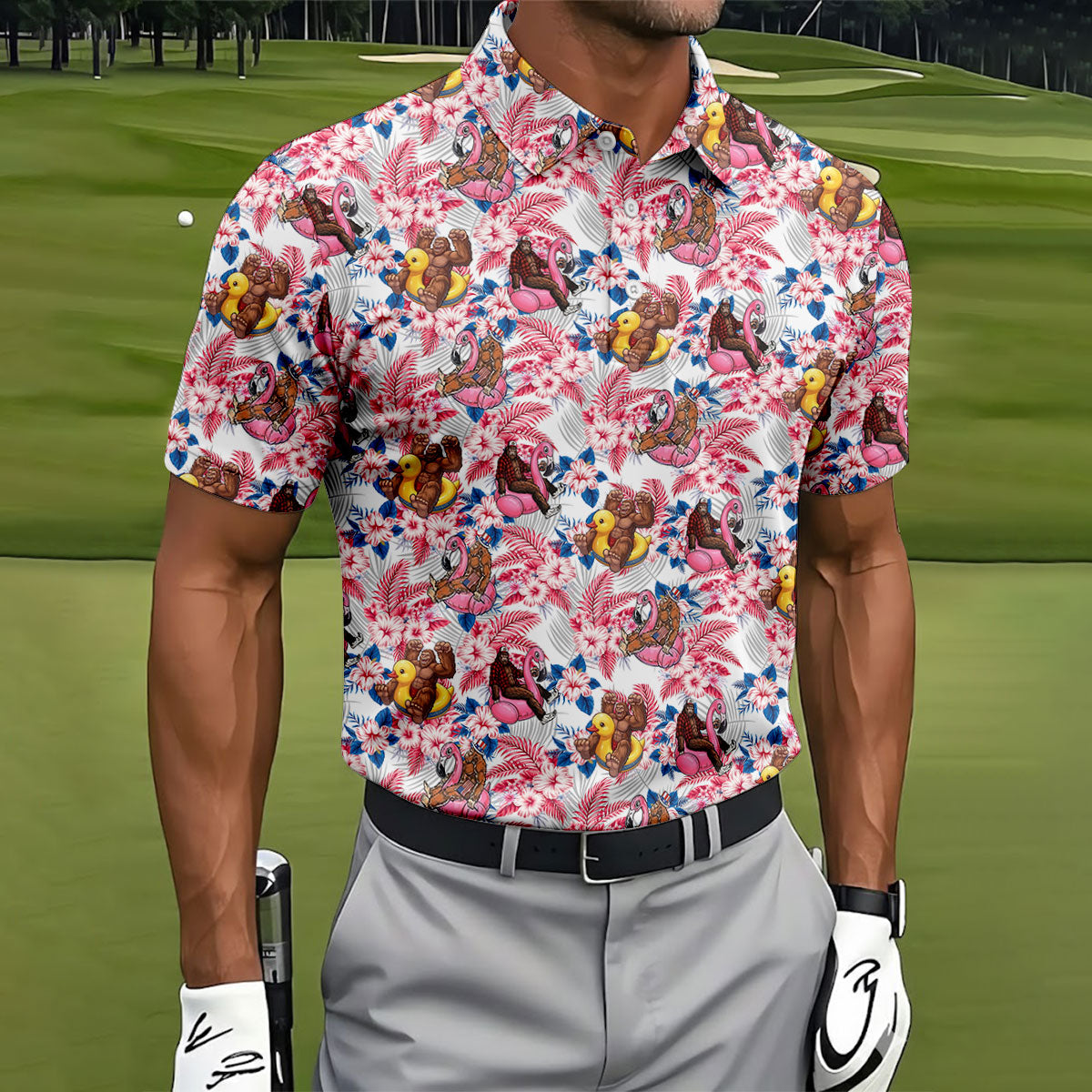 Funny Bigfoot Pool Party Hawaiian Golf Shirt, Red White Blue Tropical Flamingo Golf Shirts For Men