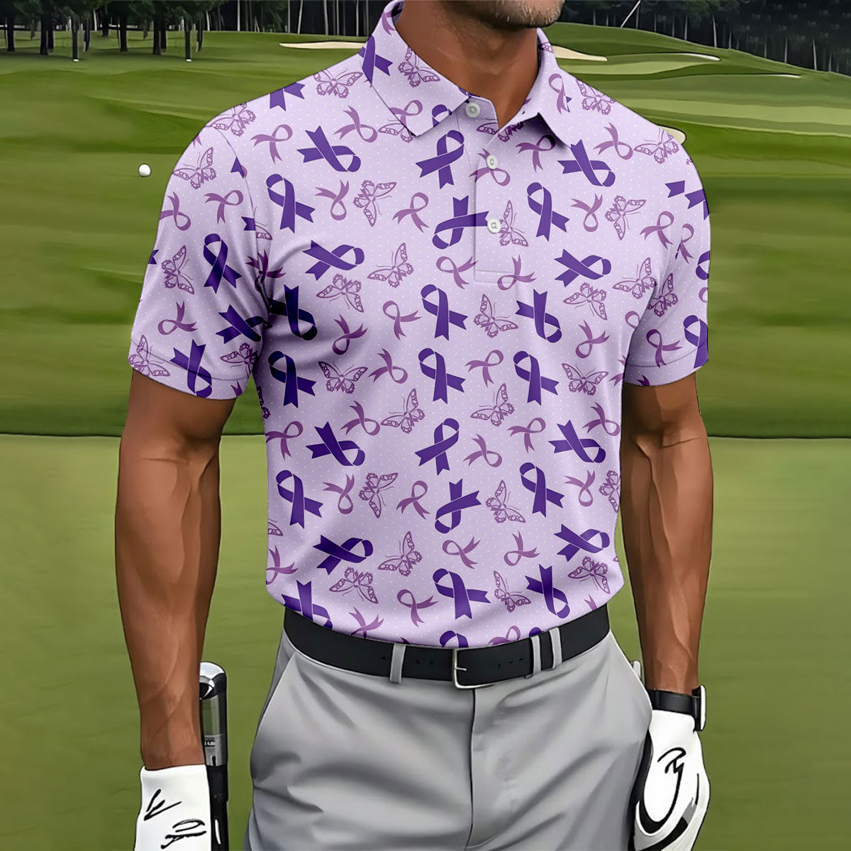 Breast Cancer Purple Ribbon Butterfly Polo Shirt, Mens Golf Polo, Breast Cancer Shirt