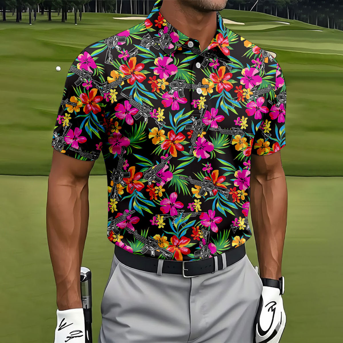 Black Tropical Floral Rifle Pattern Golf Polo Shirt, Men's Golf Shirt, Golf Polo Shirts For Men