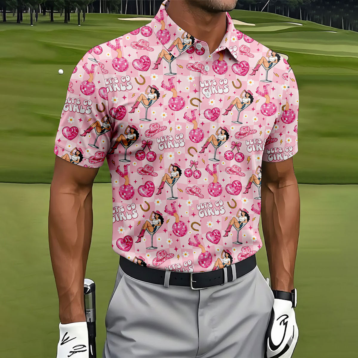 Let's Go Girls Pink Cowgirl Golf Polo Shirt, Mens Golf Shirts, Hawaiian Golf Shirt