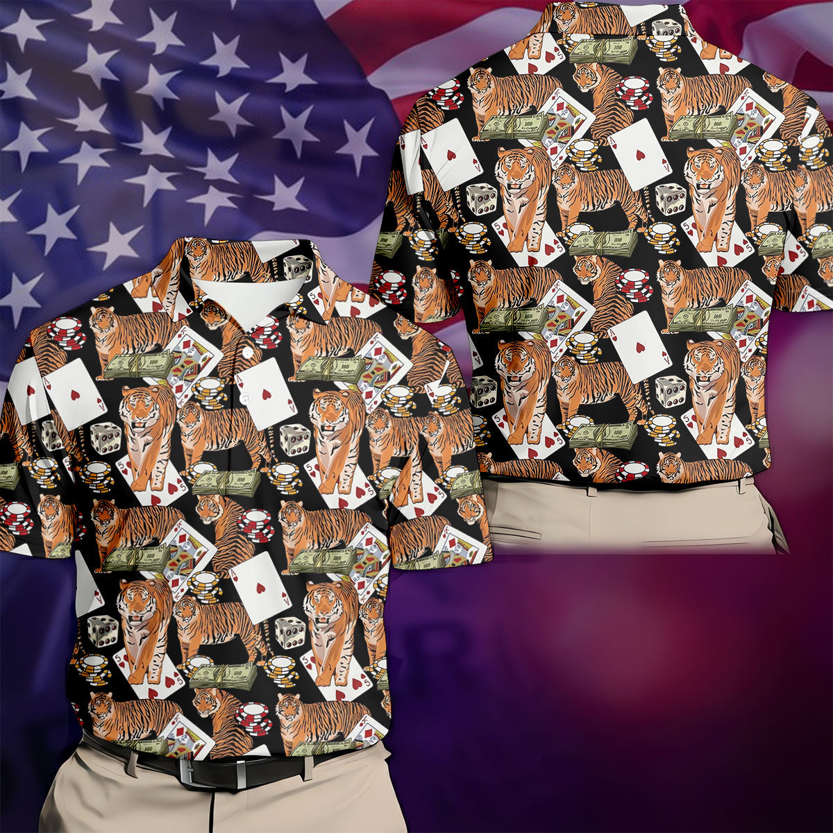 Money Tiger Poker Dice Chips And Cards Hawaiian Golf Shirt, Men's Funny Golf Shirts
