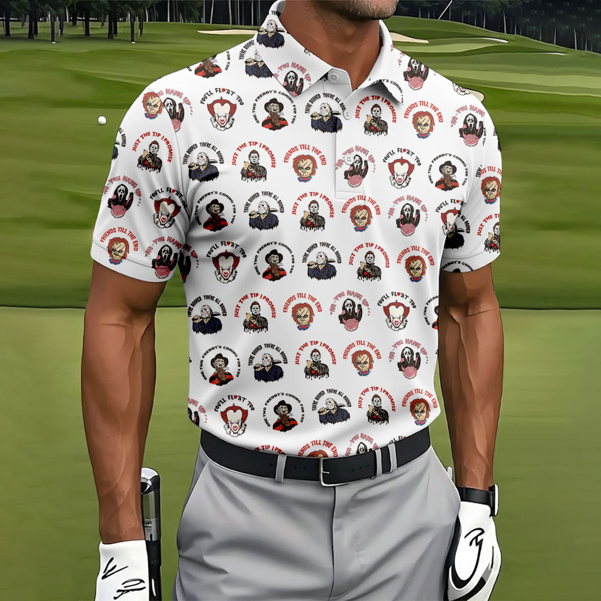 Just The Tip I Promise Horror Character Villains Golf Polo Shirt, Mens Golf Polo, Printed Golf Shirts