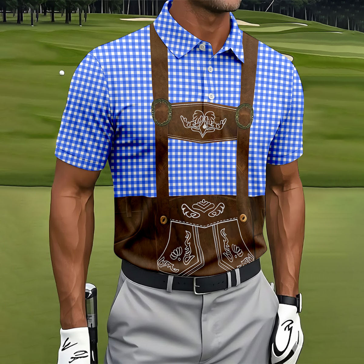 Blue Oktoberfest Lederhosen Illusion Sleeveless Golf Polo, Golf Shirts For Men, Mens Golf Apparel