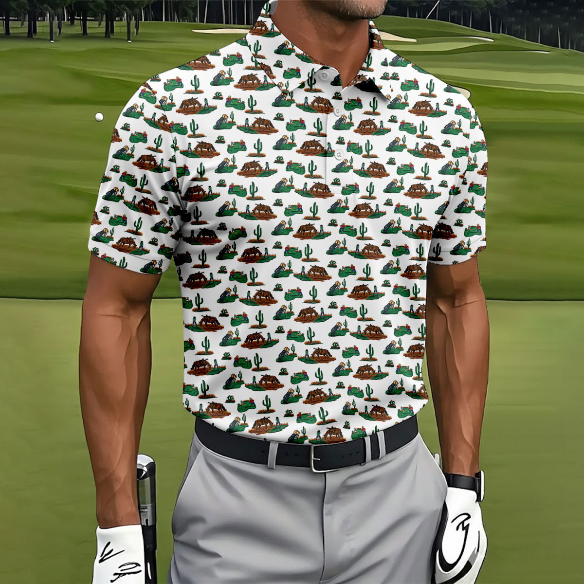 Western Golf Course Pattern Polo Shirt, Printed Golf Shirts, Golf Polo Shirts For Men