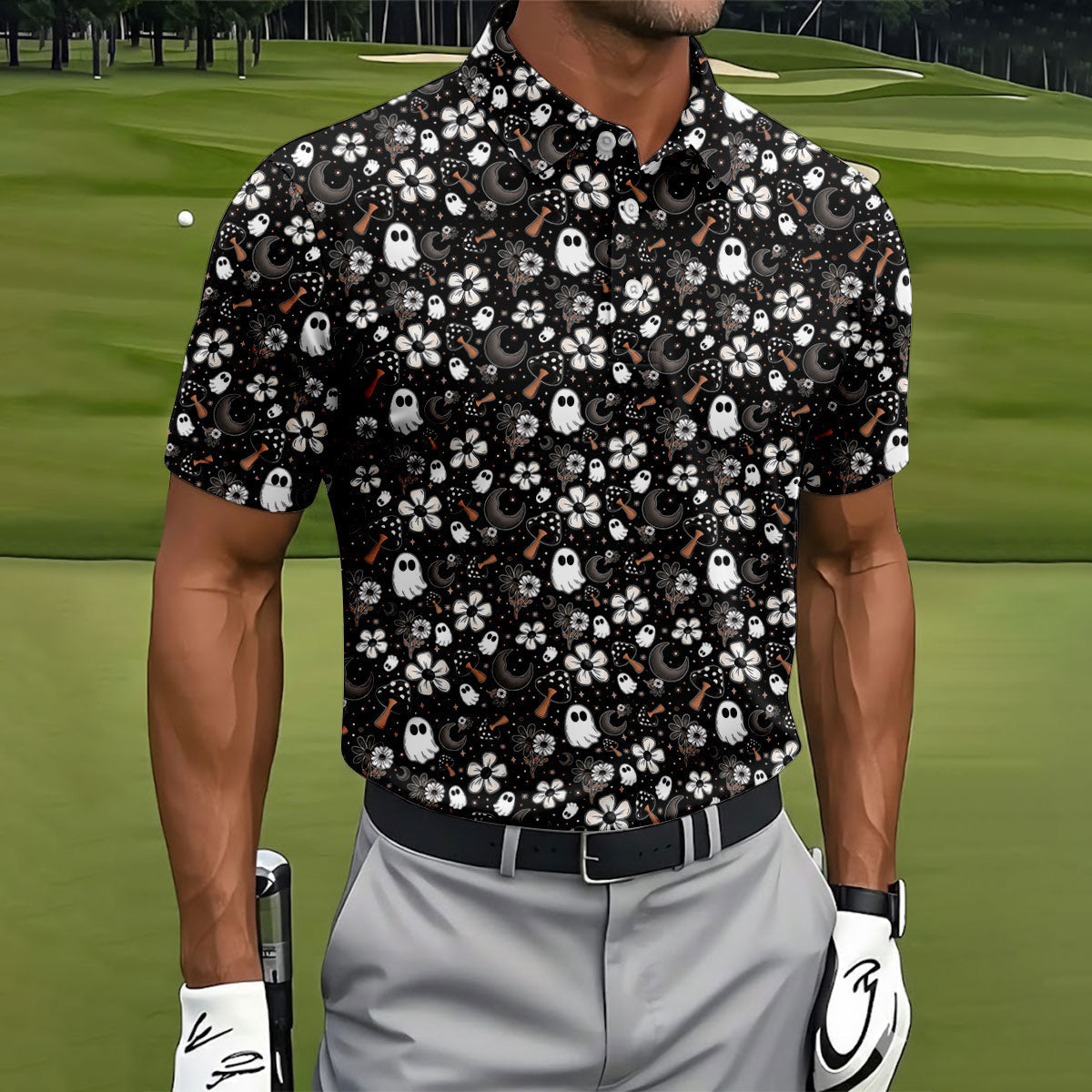 Ghost Horror Character Floral Halloween Golf Polo Shirt, Halloween Shirt, Mens Golf Shirt