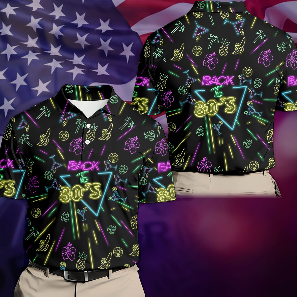 Back To 80's Neon Pattern Hawaiian Golf Shirt, Tropical Vibe Men's Funny Golf Shirts