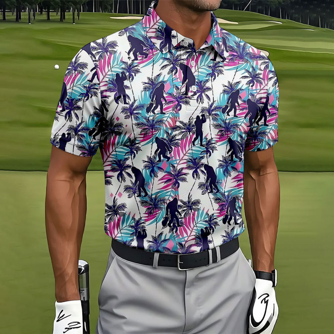 Funny Bigfoot Golfer Tropical Palm Pattern Polo Shirt, Golf Shirts For Men, Printed Golf Shirts