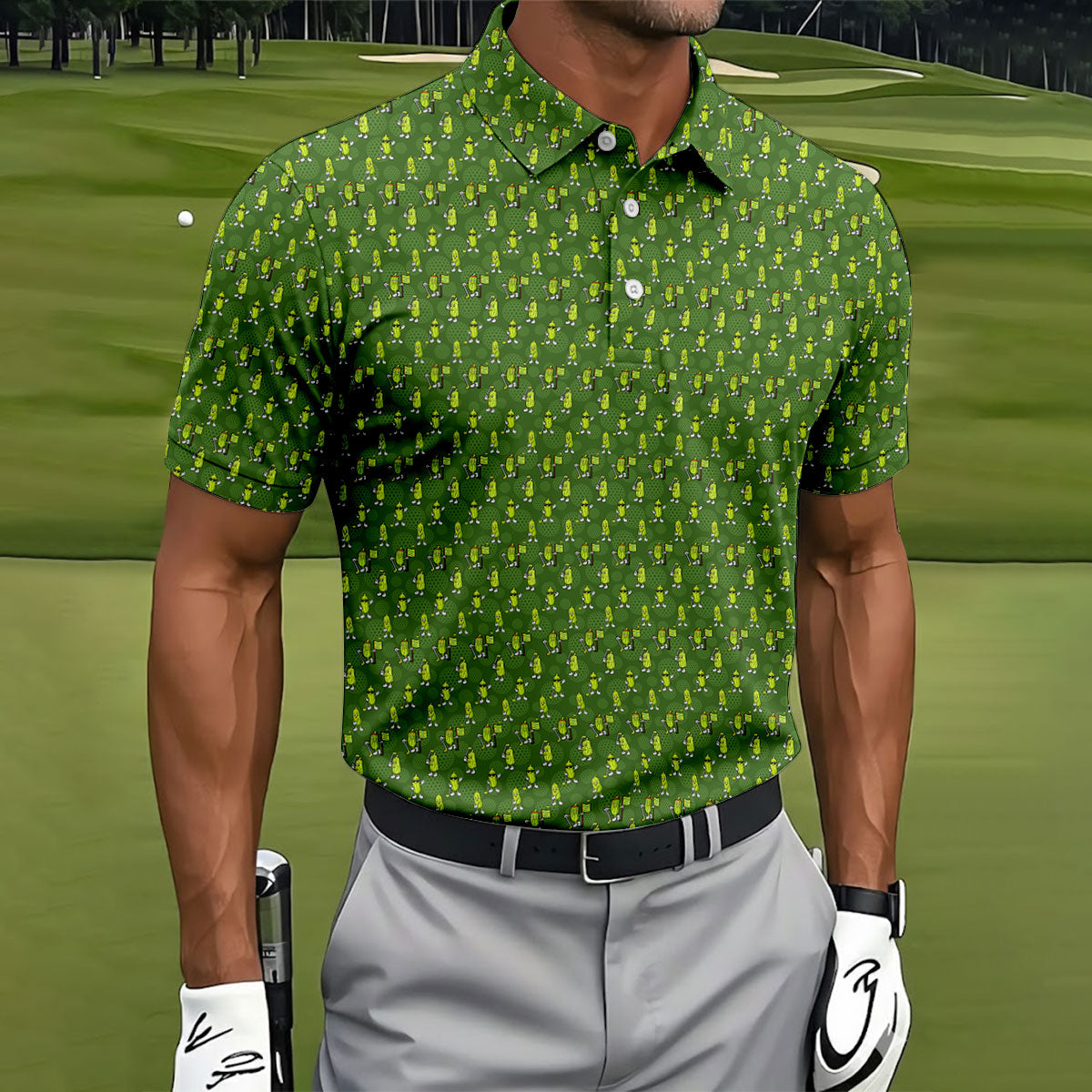 Funny Hole In One Pickle Golf Pattern Polo Shirt, Golf Shirts For Men, Mens Golf Apparel