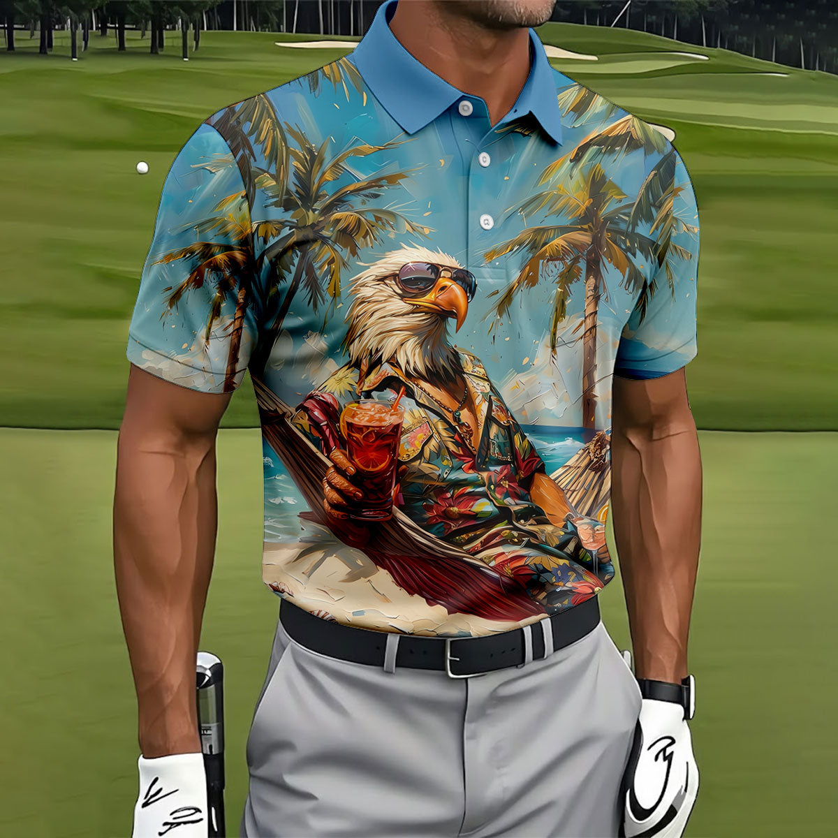 Cool Bald Eagle Tropical Vacation Hawaiian Golf Shirt, Vibrant Color Golf Shirts For Men