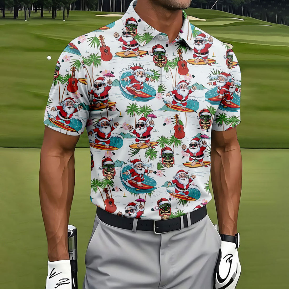 Surfing Santa Tropical Christmas Golf Shirt, Christmas Golf Shirt, Golf Apparel For Men