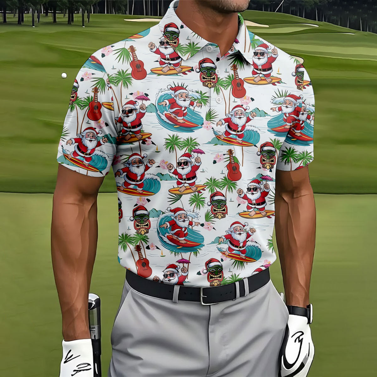 Surfing Santa Tropical Christmas Golf Shirt, Christmas Golf Shirt, Golf Apparel For Men