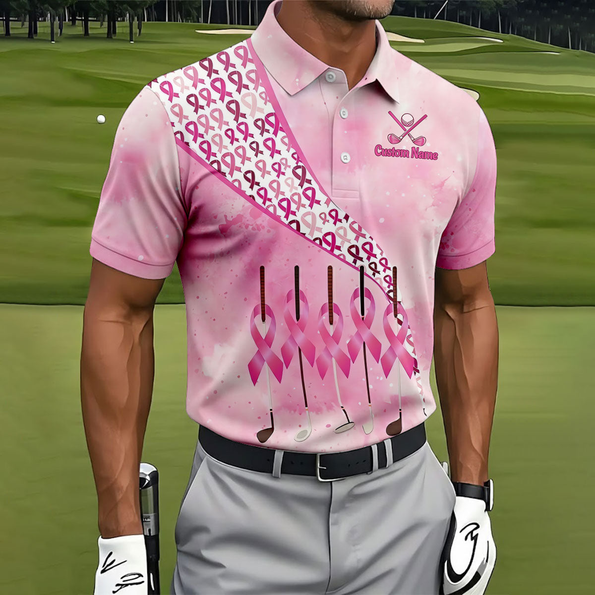 Custom Golf Club Breast Cancer Ribbon Polo Shirt, Mens Golf Shirts, Polo Shirts For Men