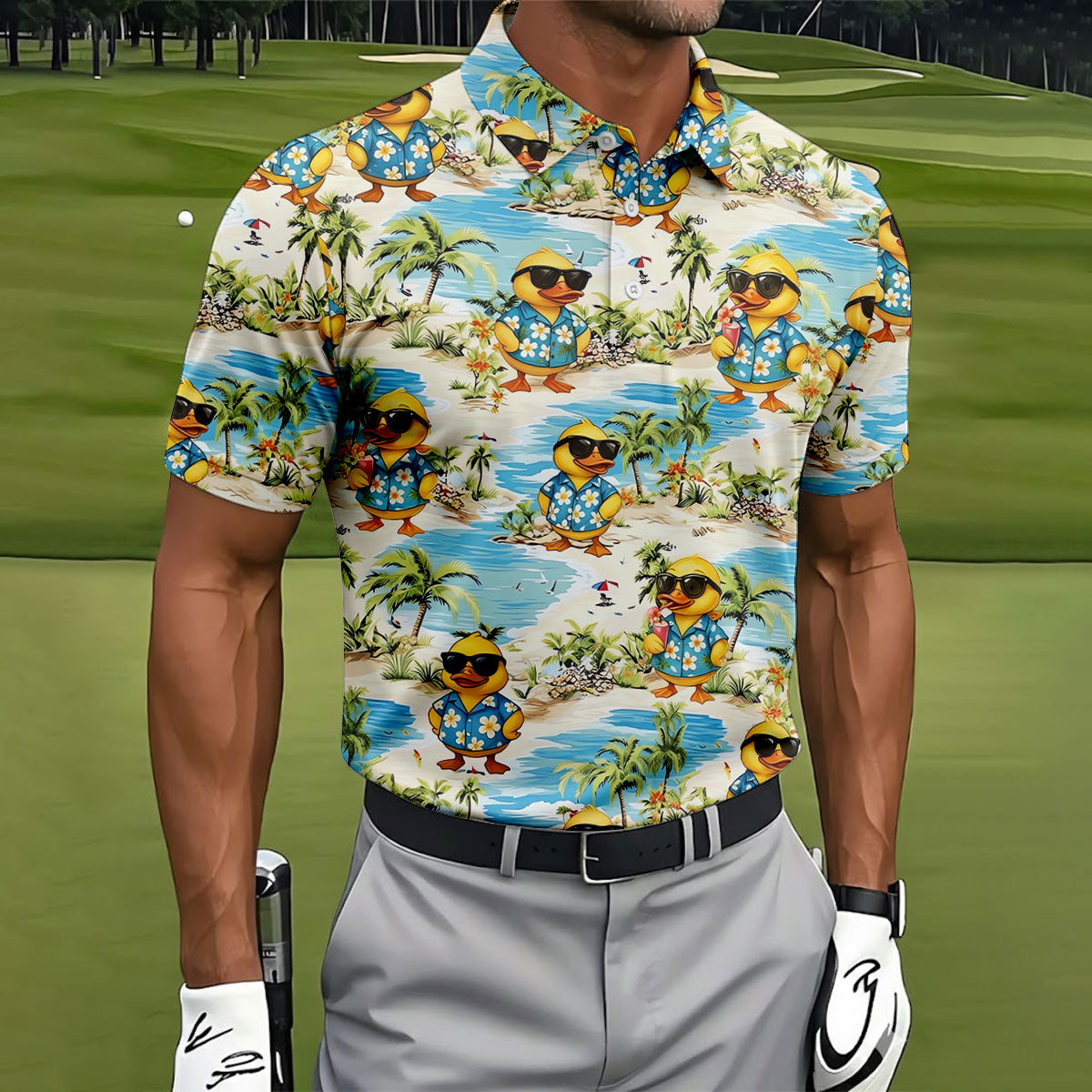 Cute Funny Duck Hawaiian Golf Shirt, Beach Theme Men's Golf Shirt, Polo Shirts For Men