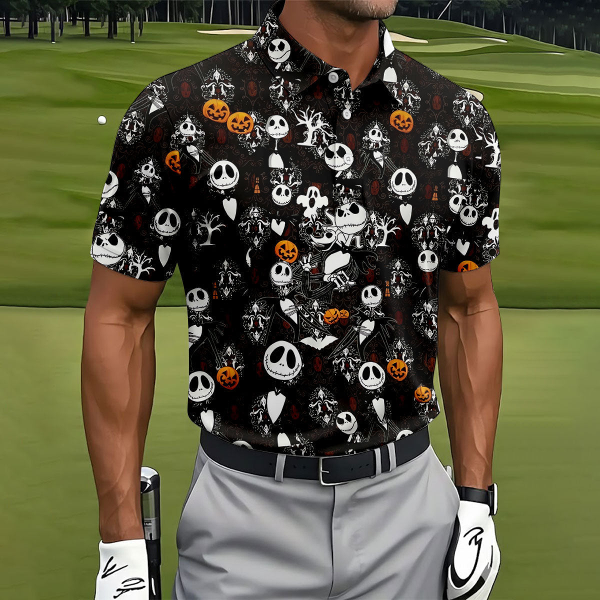 Halloween Pumpkin Skeleton Pattern Golf Polo Shirt, Hawaiian Golf Shirt, Mens Golf Apparel