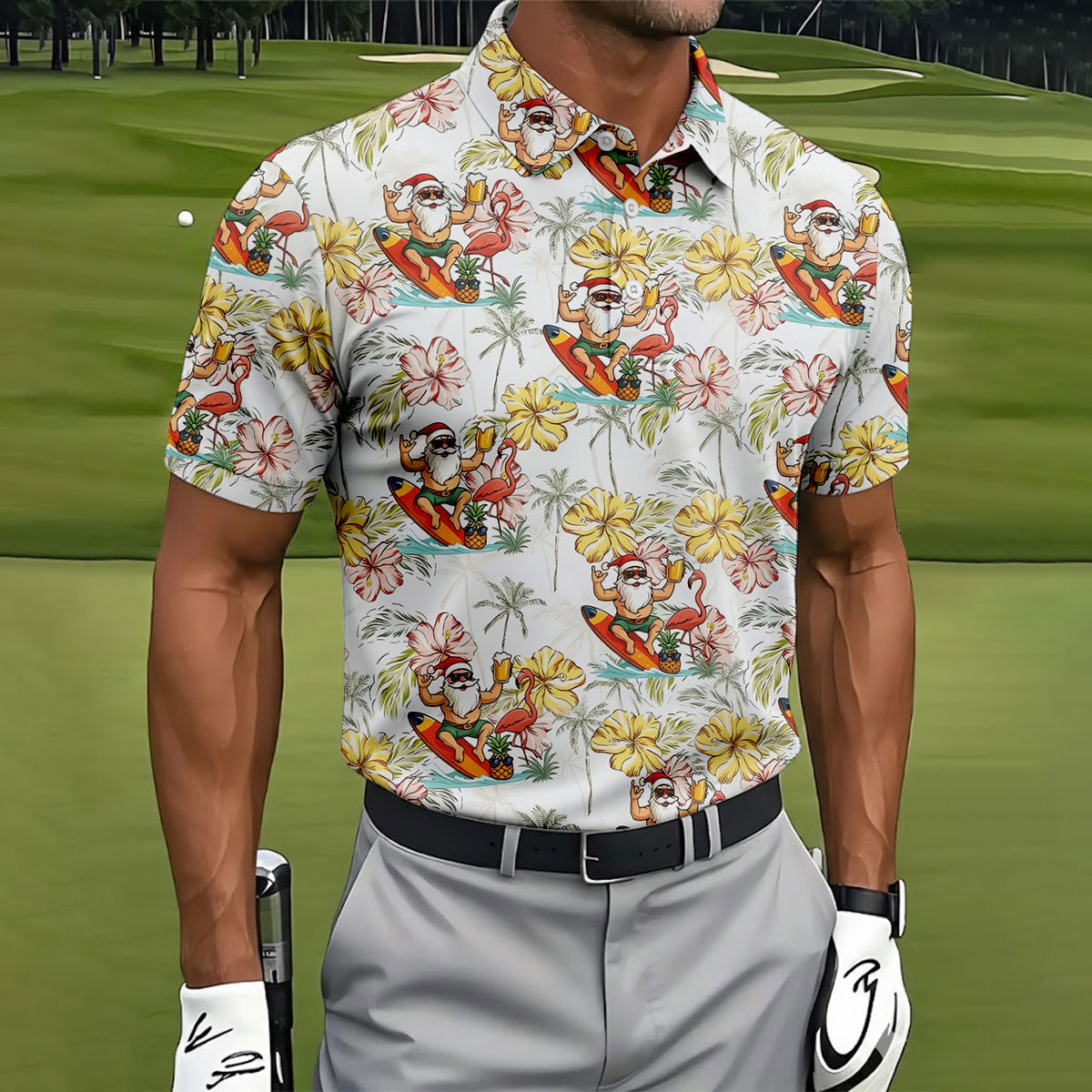 Surfing Santa Tropical Christmas Golf Polo Shirt, Golf Shirts For Men, Printed Golf Shirts