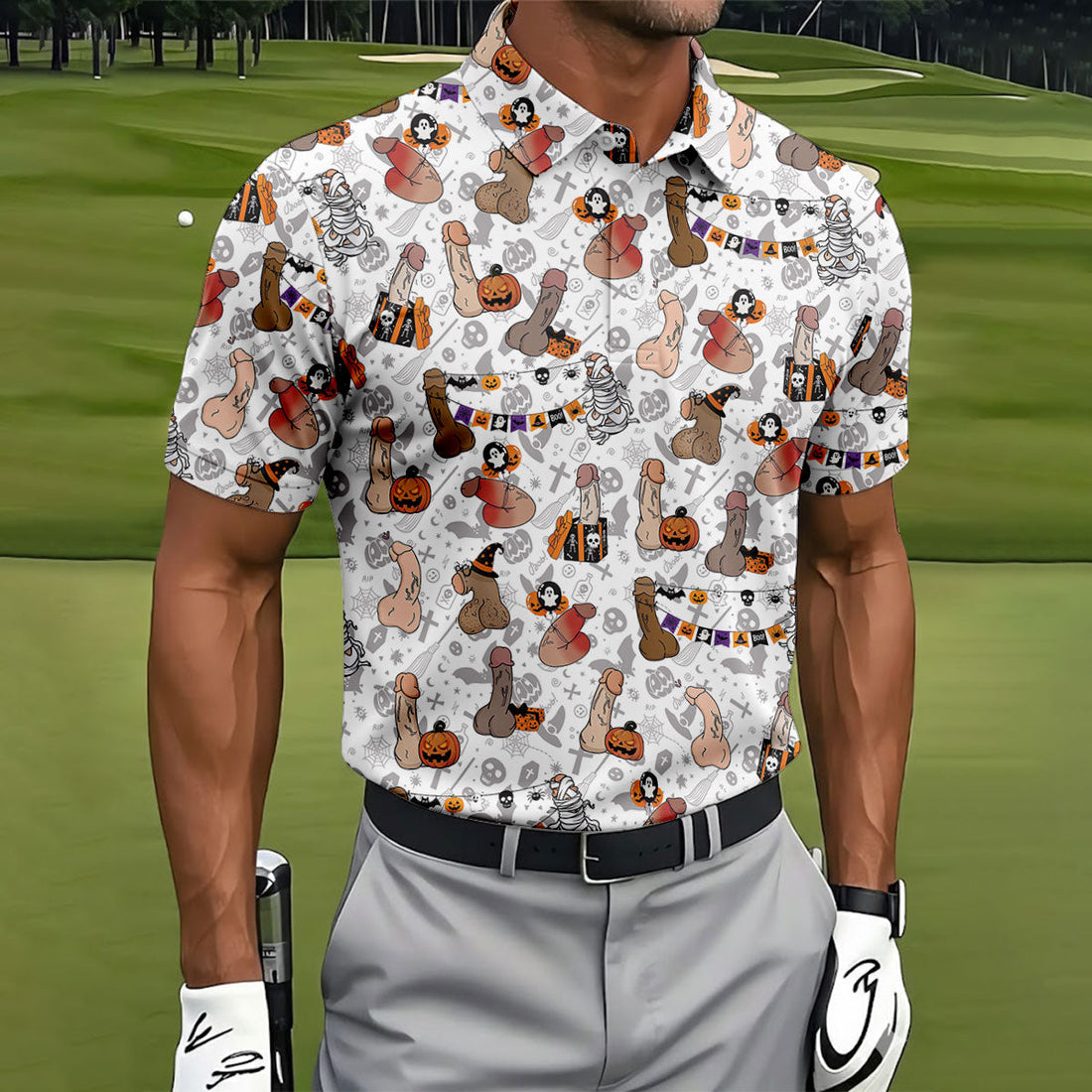 Funny Adult Halloween Pattern Hawaiian Polo Shirt, Polo Shirts For Men, Mens Golf Apparel