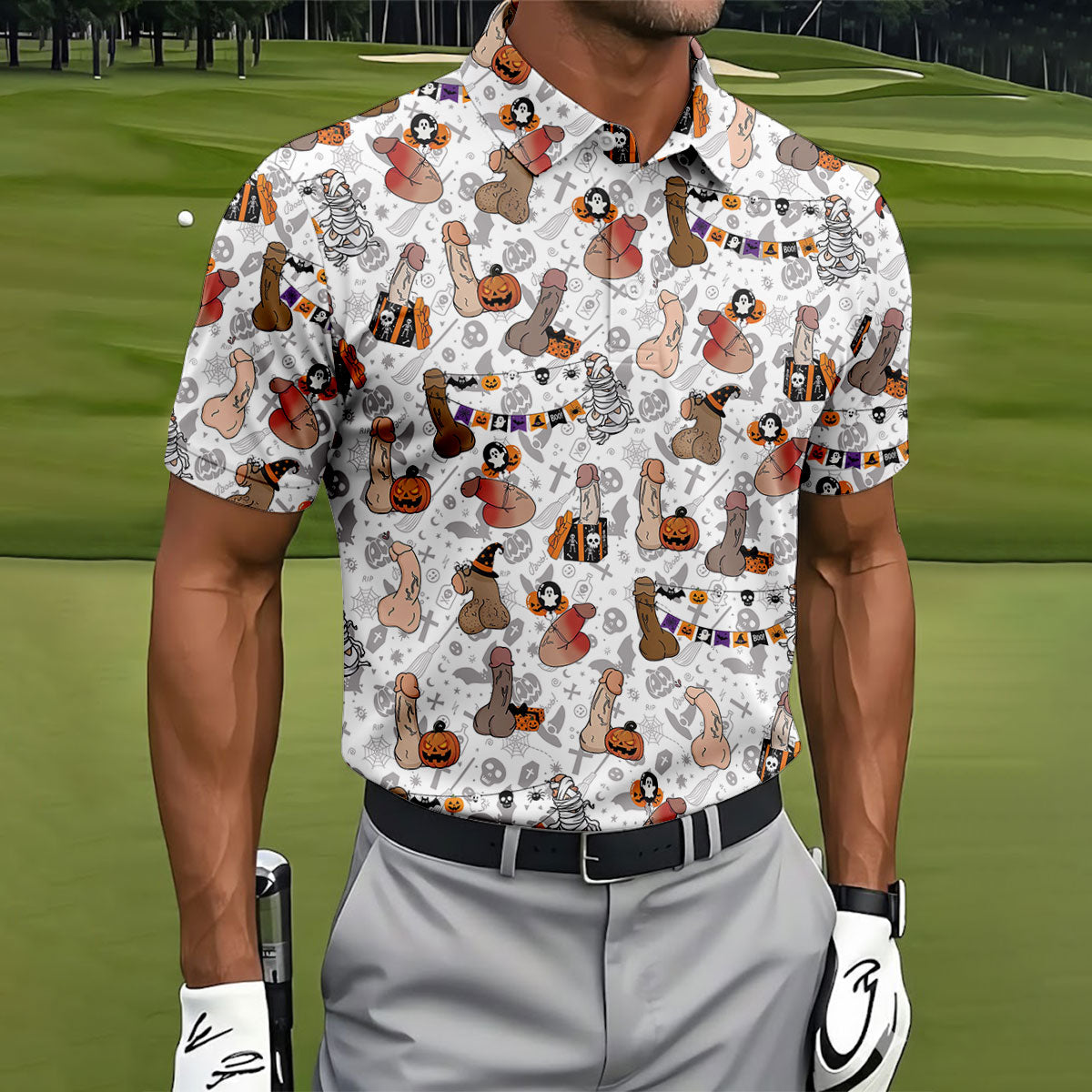 Funny Adult Halloween Pattern Hawaiian Polo Shirt, Polo Shirts For Men, Mens Golf Apparel