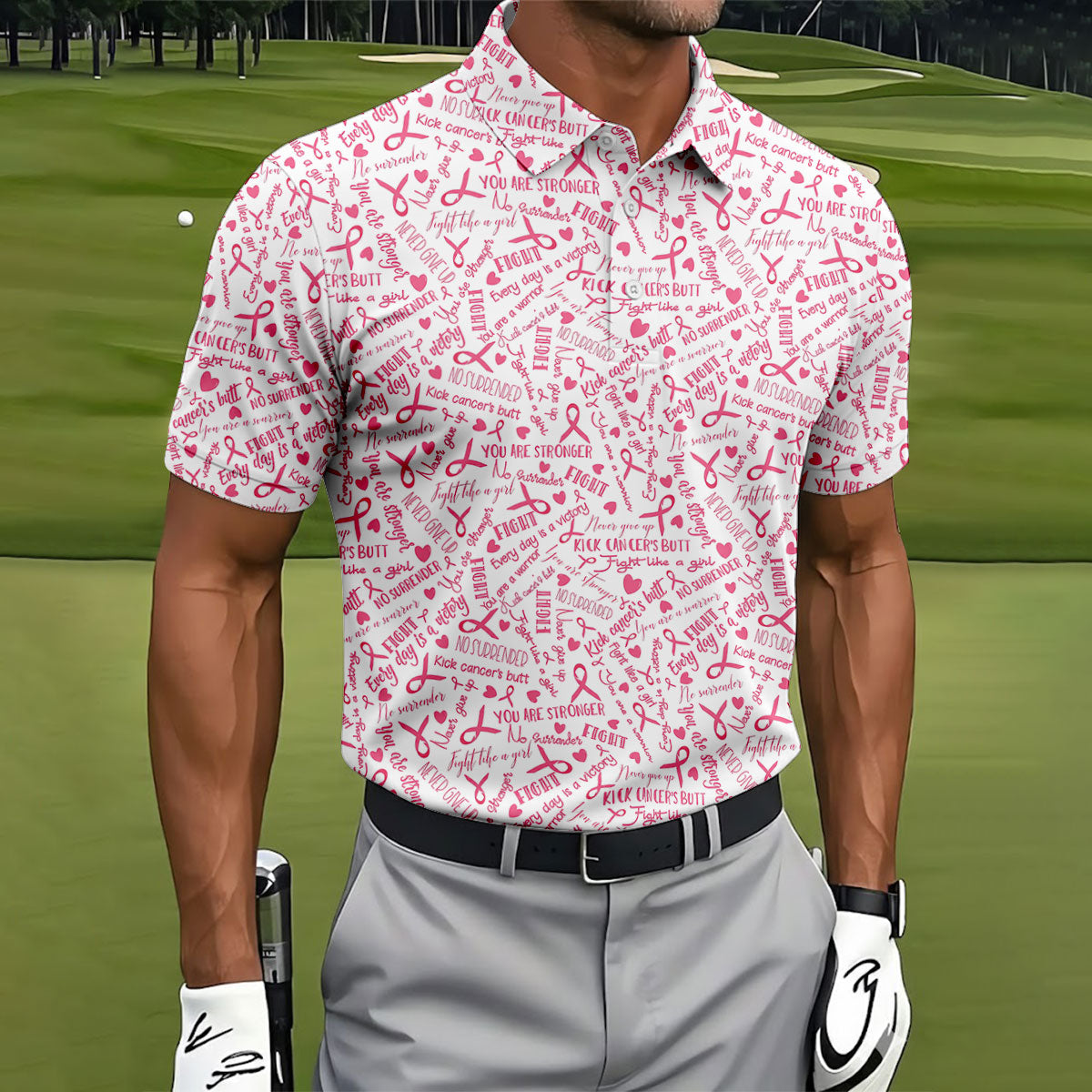 Never Give Up Breast Cancer Quote Polo Shirt, Men's Golf Shirt, Mens Golf Apparel