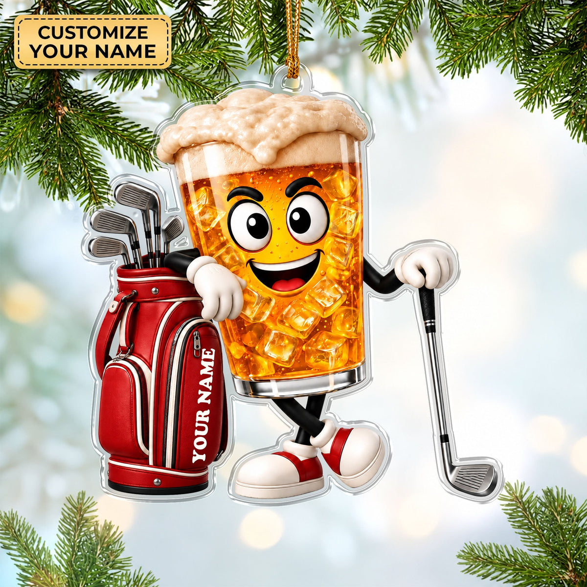 Custom Name Beer Glass Golf Acrylic Ornament, Golf Lover Gifts, Christmas Ornaments