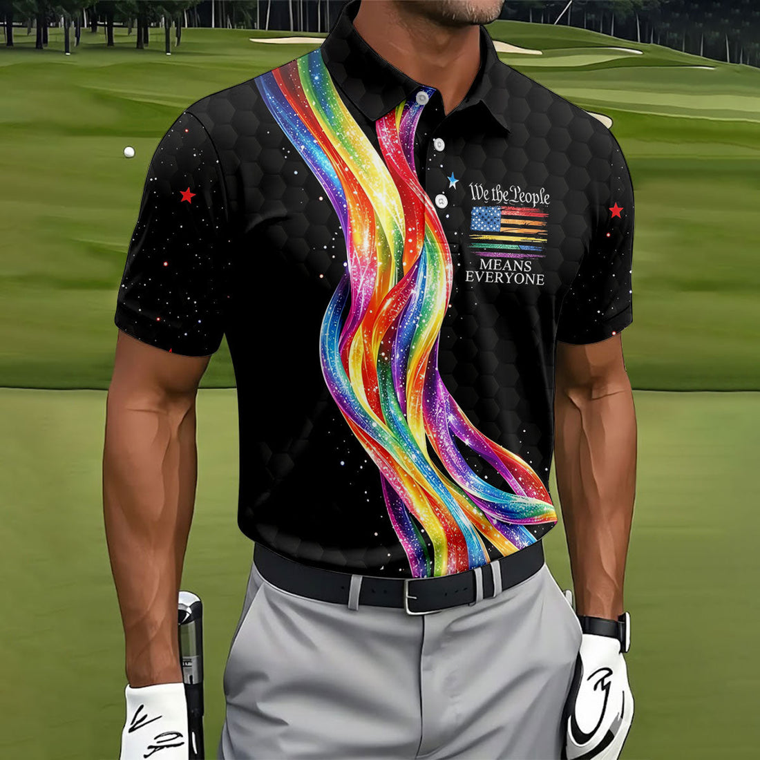 We The People Means Everyone LGBT Rainbow Golf Tops For Men, Pride Month Celebrate Golf Shirts For Men