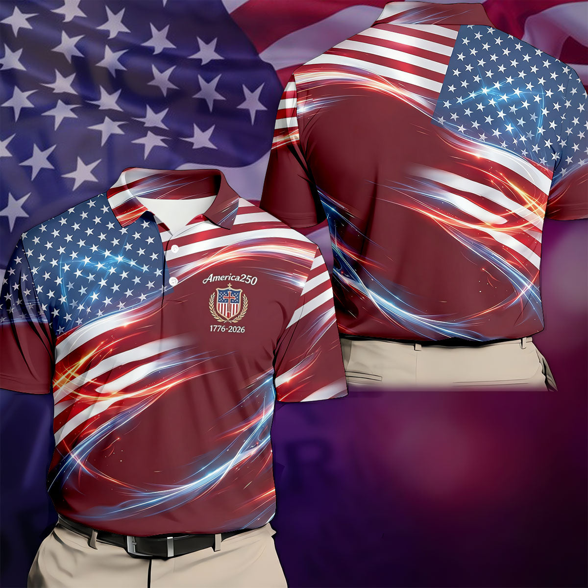 America 250 Light Effect American Flag Golf Shirt, Patriotic 4th Of July Golf Shirts For Men