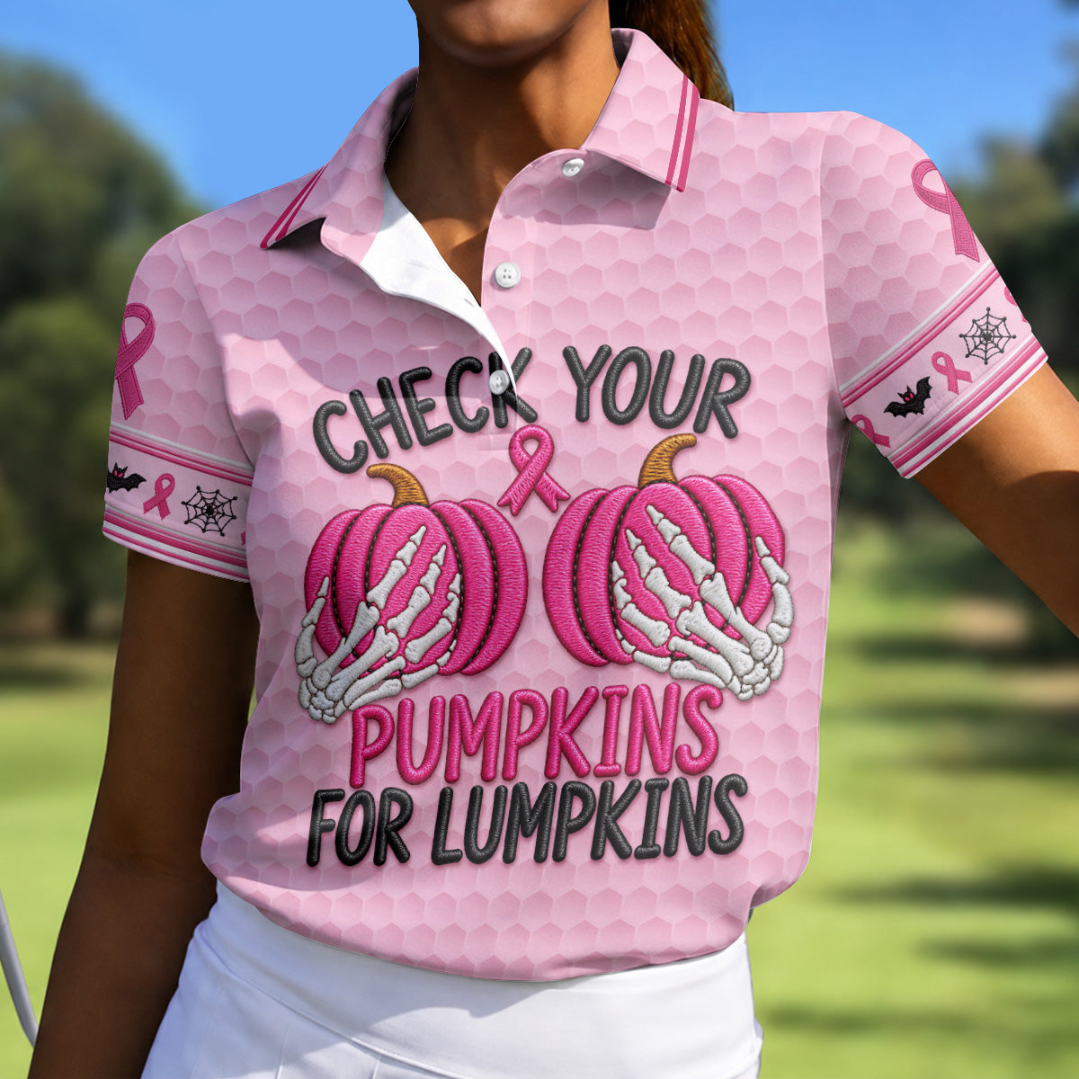 Pumpkins For Lumpkins Breast Cancer Polo Shirt, Golf Shirts For Women, Women's Golf Polo