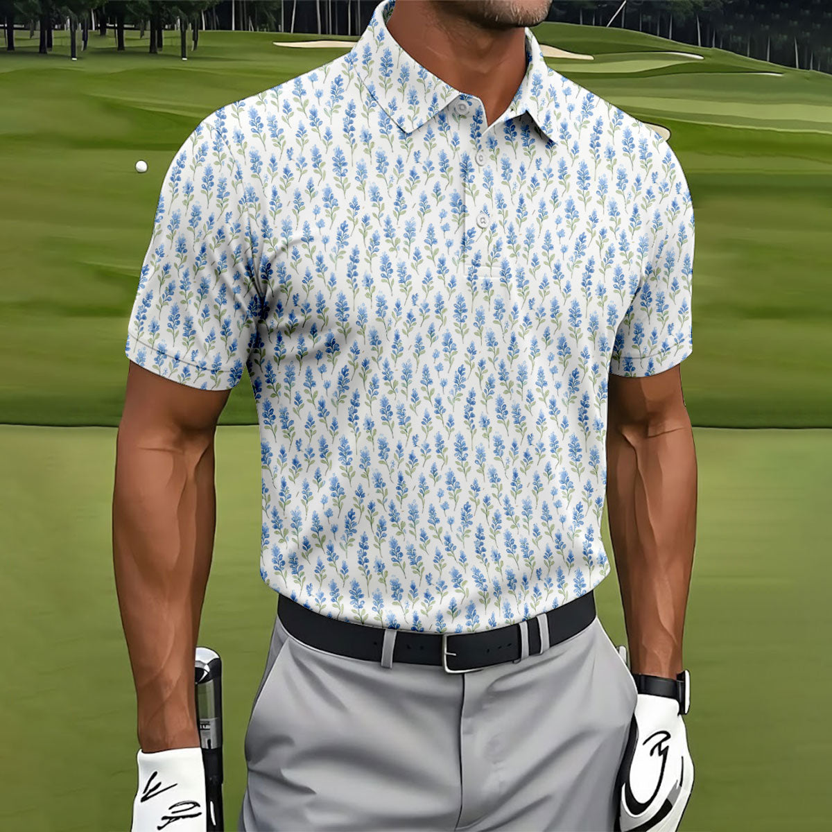 Texas Bluebonnet Floral Pattern Golf Polo Shirt, Mens Golf Polo, Hawaiian Golf Shirt