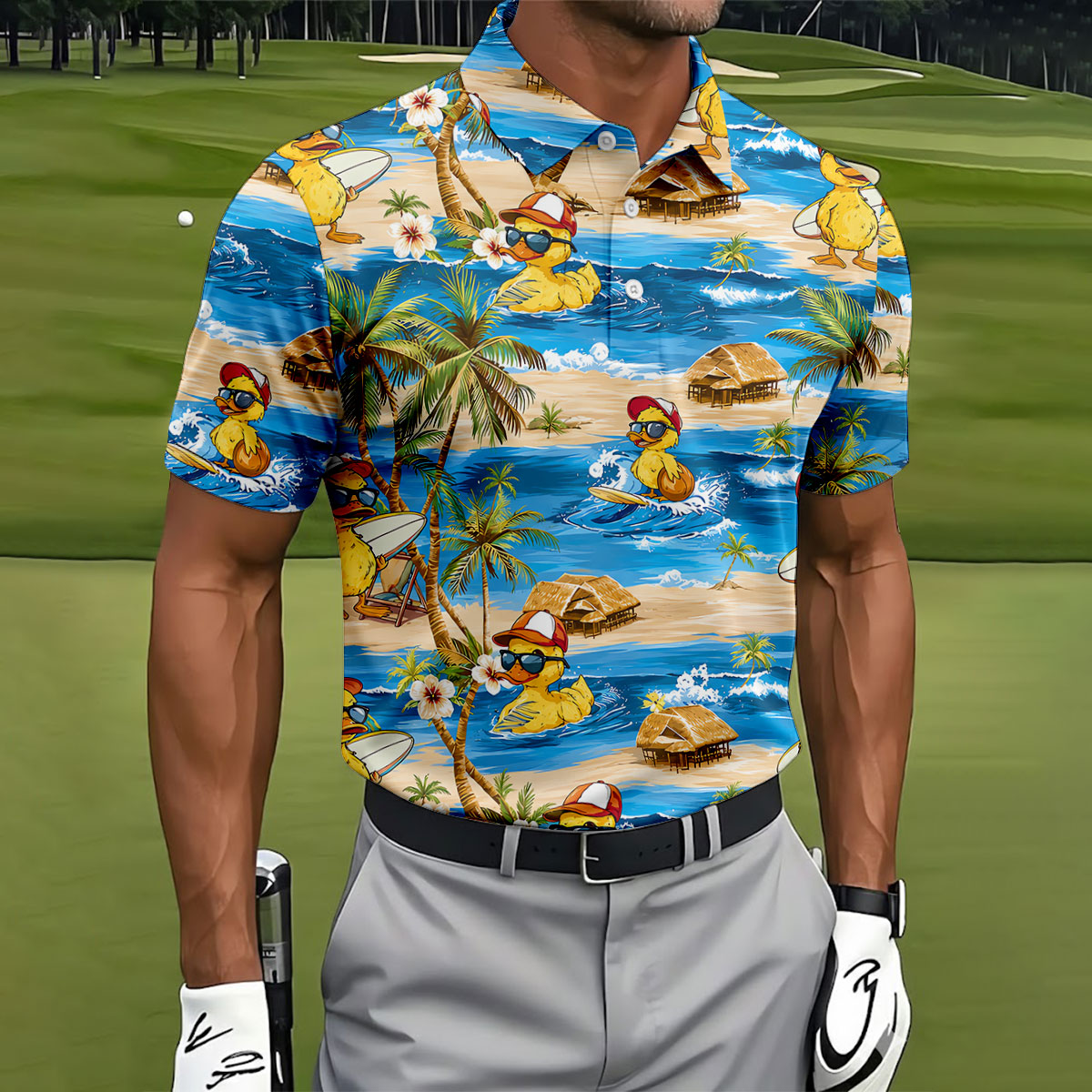Funny Duck Hawaiian Golf Shirt, Summer Ocean Men's Golf Shirt, Polo Shirts For Men