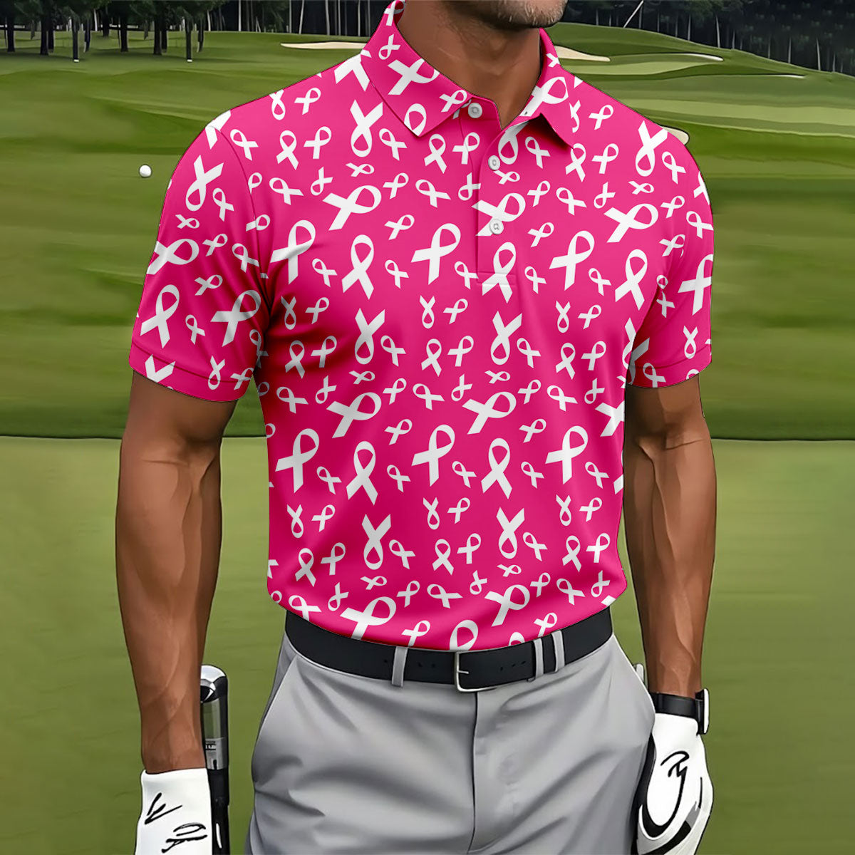Hot Pink Breast Cancer Awareness Ribbon Polo Shirt, Mens Golf Polo, Printed Golf Shirts
