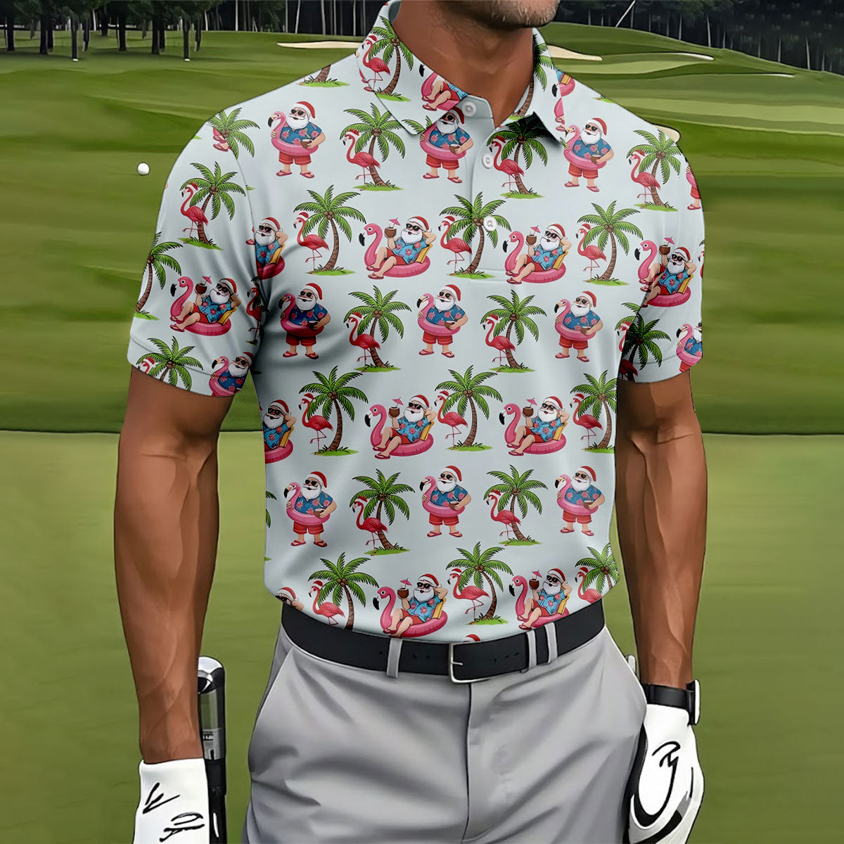 Tropical Santa Flamingo Beach Golf Polo, Christmas Golf Shirt, Golf Apparel For Men