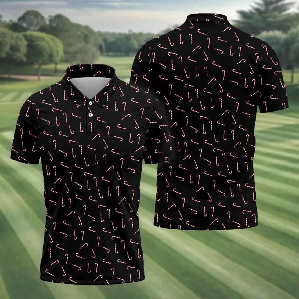 Christmas Candy Cane Golf Tops For Men, Christmas Golf Shirt, Black Golf Polo Shirt, Golf Gift For Men