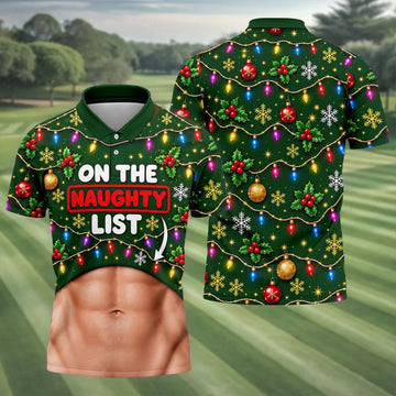 On The Naughty List Abs Christmas Golf Shirt, Mens Golf Apparel, Mens Golf Clothing