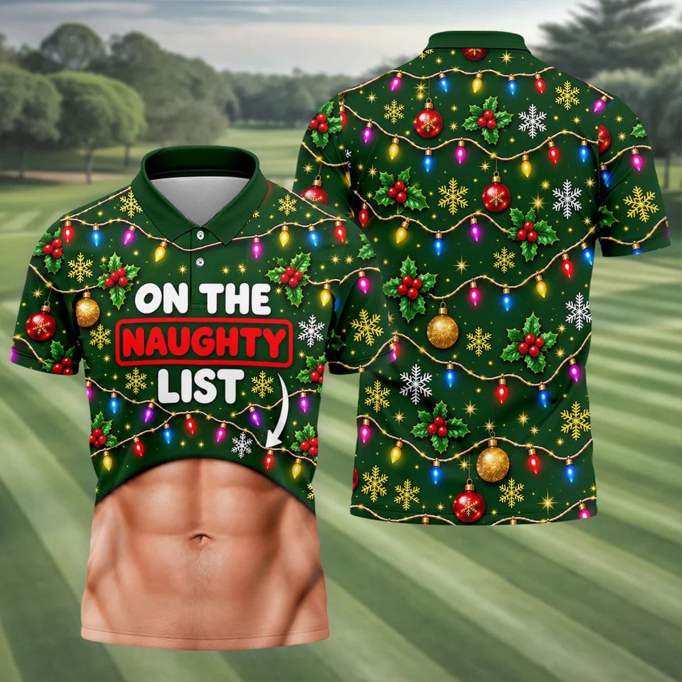 On The Naughty List Abs Christmas Golf Shirt, Mens Golf Apparel, Mens Golf Clothing