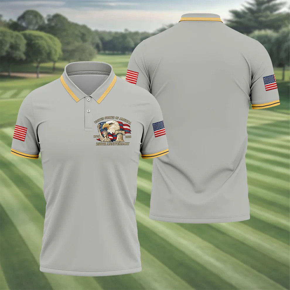 Bald Eagle American Flag 250 Years Grey Golf Shirt, Patriotic 4th Of July Golf Shirts For Men