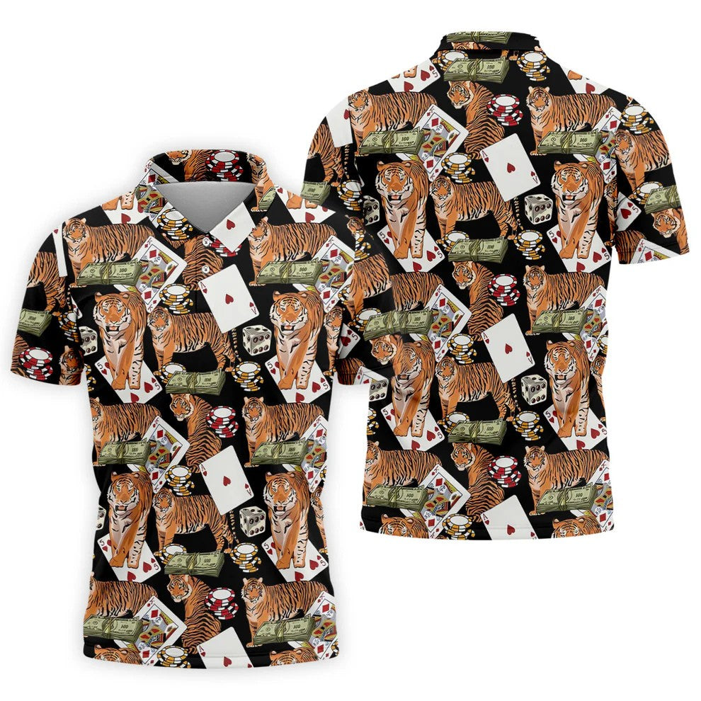 Money Tiger Poker Dice Chips And Cards Hawaiian Golf Shirt, Men's Funny Golf Shirts