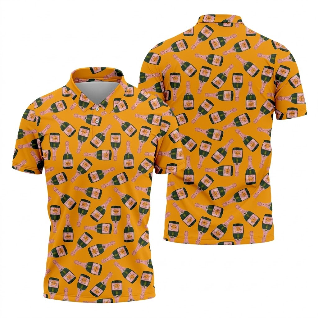 Rosé Champagne Seamless Pattern Yellow Golf Shirt, Polo Shirts For Men, Golf Shirts For Men