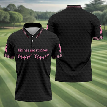 Bitches Get Stitches Breast Cancer Polo Shirt, Golf Shirts For Men, Mens Golf Apparel
